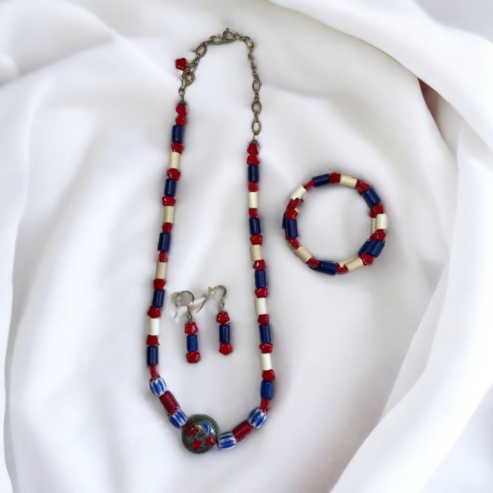 Vintage Patriotic 925 Silver & Beaded Jewelry Set